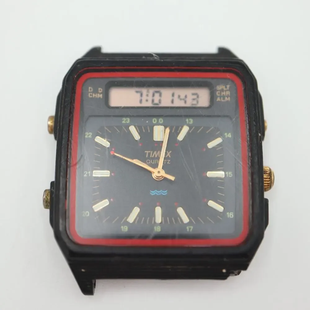 Vintage Timex Analog Digital Black Square Watch BROKEN LUG No Strap PARTS REPAIR